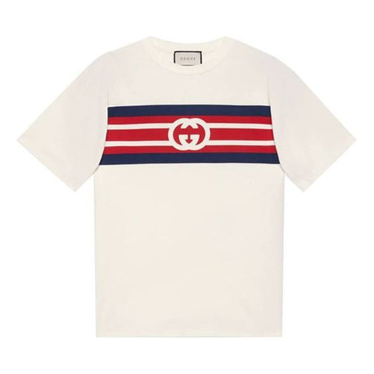 Men's Gucci SS21 Interlock Double G Stripe Printing Short Sleeve Creamy White T-Shirt 616036-XJDAG-9095