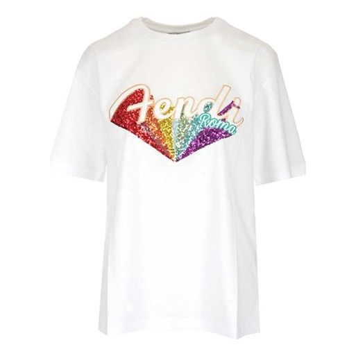 FENDI Sequin With Logo Short Sleeve White FS7011-A5HU-F0ZNM