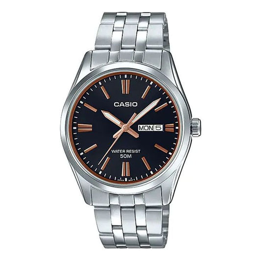 Men's CASIO 50m waterproof quartz 44.3*38*9.7mm Stainless Steel Strap Black Mens MTP-1335D-1A2