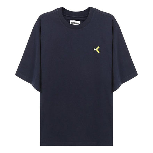 Men's KENZO Alphabet Embroidered Loose Round Neck Short Sleeve Navy Blue T-Shirt FA65TS0544SK-76